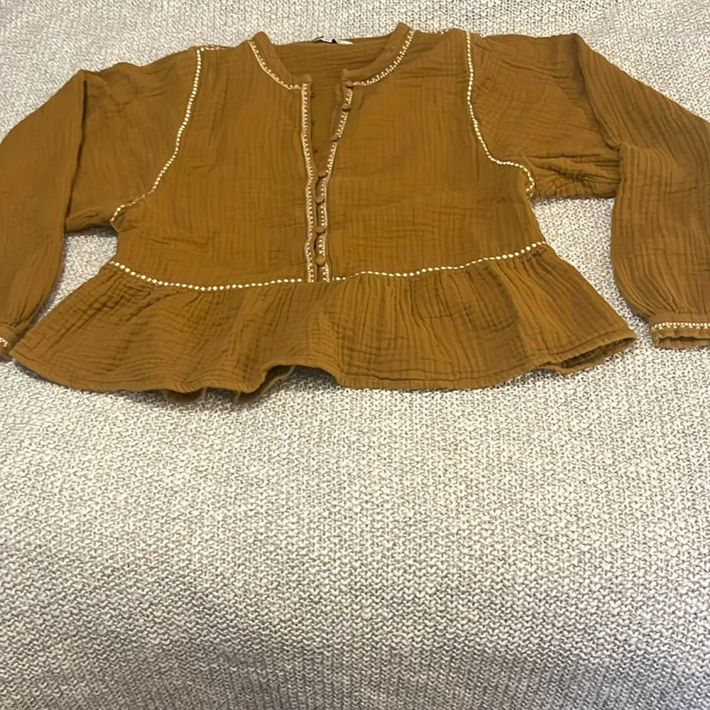 Madewell Embroidered Lightspun Long Puff Sleeves Covered Buttons Boho Top XS